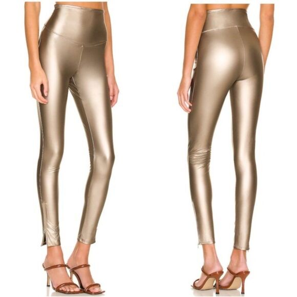 YUMMIE Pants Womens Medium Bronze Faux Leather Side Zipper Leggings NWT Shaping - Picture 1 of 8